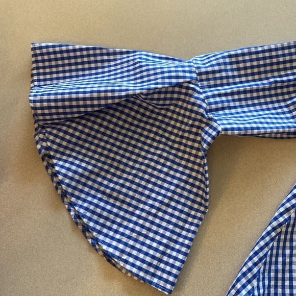Zara blue and white cotton gingham flare sleeve top - Picture 3 of 5